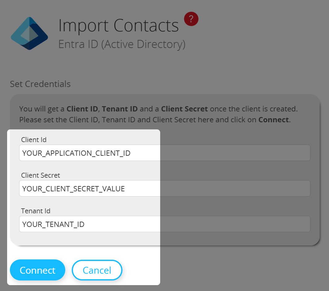Fügen Sie die Client ID und den Client Secret Wert von vorhin ein