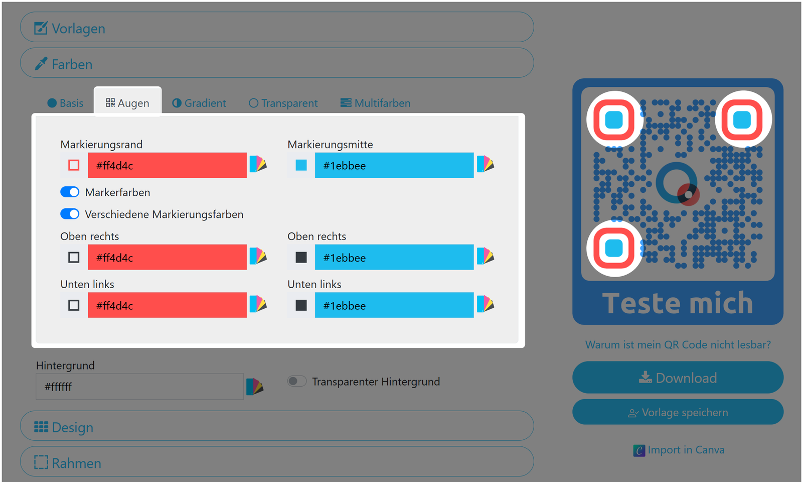Screenshot des Menüs zur Augenfarbe per QR Code 