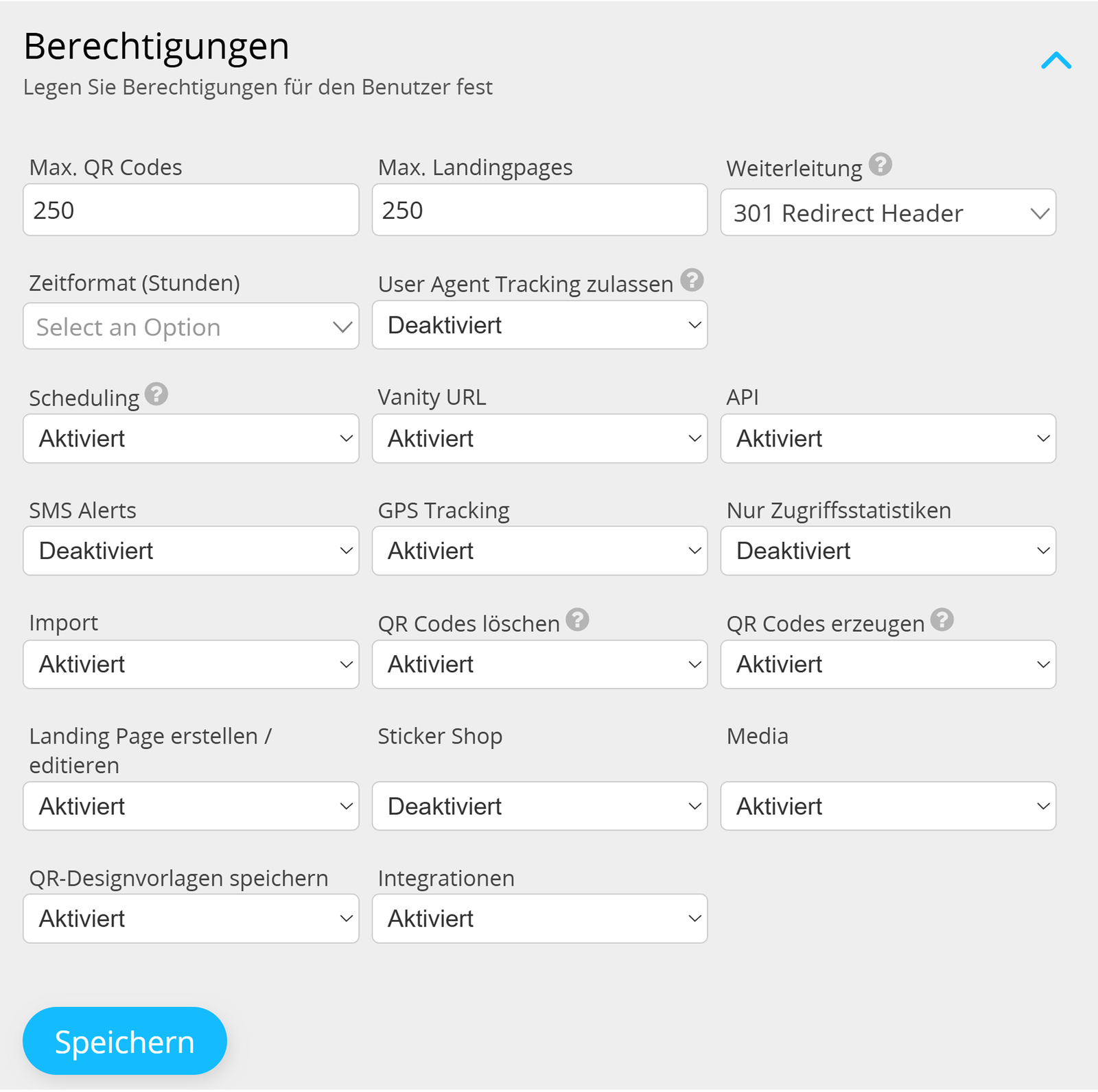 Screenshot der Registerkarte "Benutzerrechte" in den Benutzeroptionen der Admin-Instanz 