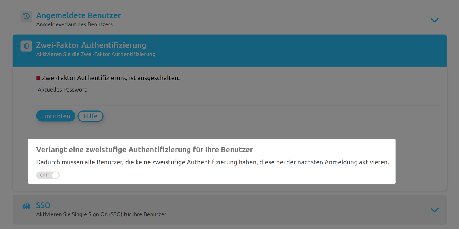 2FA-Einstellungen im Admin-Konto 