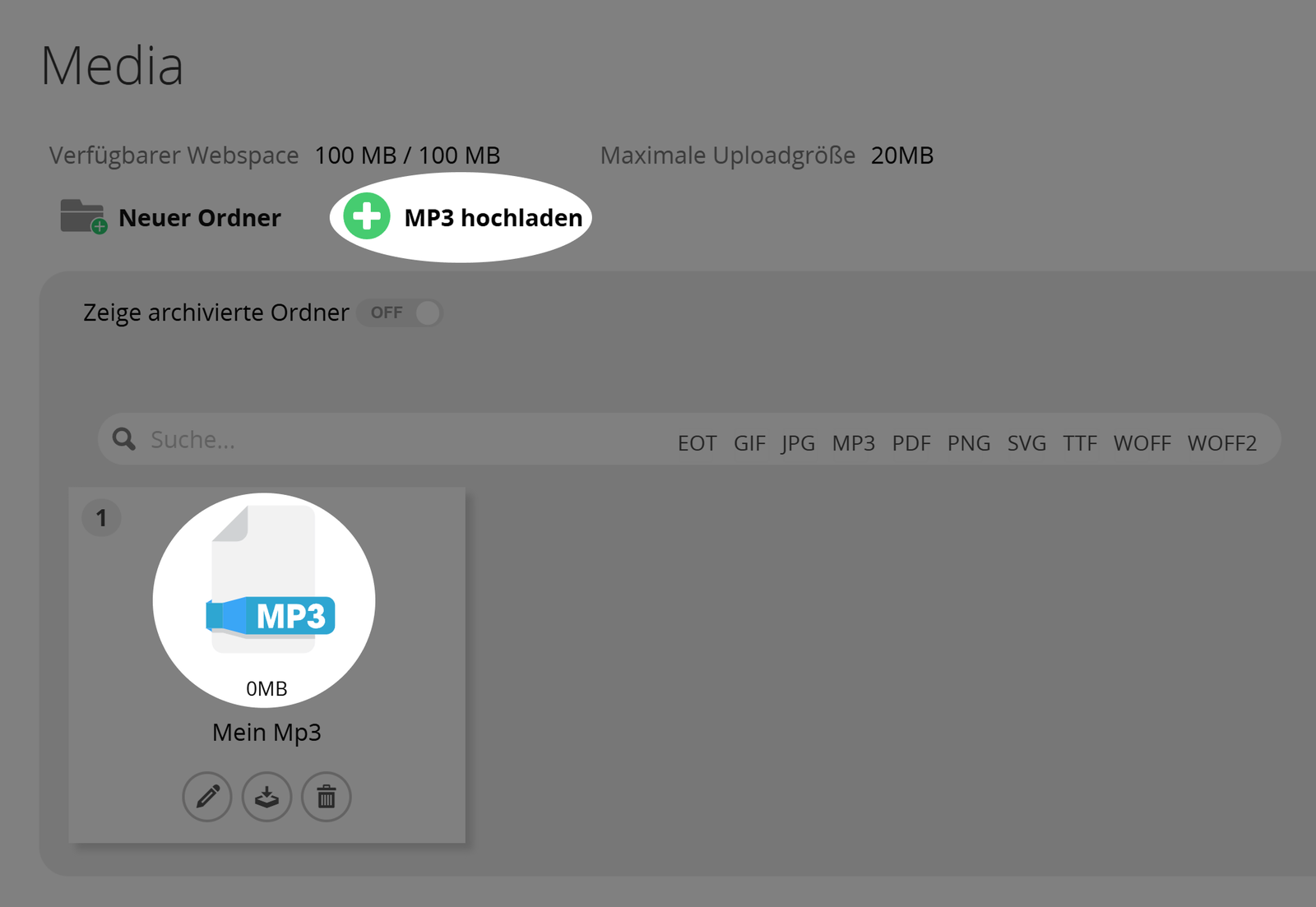 Screenshot der Schaltfläche "MP3 hochladen" und einer MP3-Datei in der Medienbibliothek 