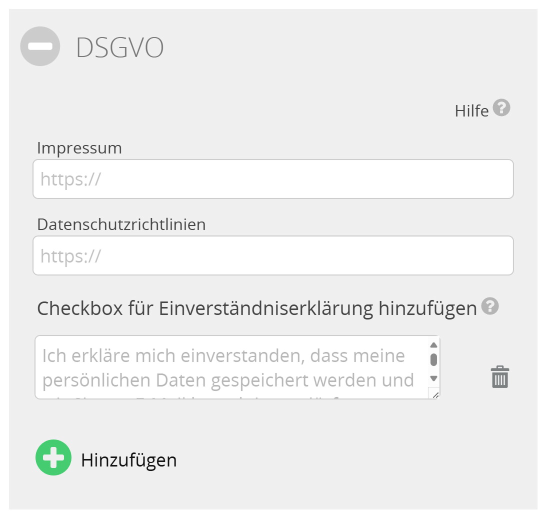GDPR-Fenster im Lead Landing Page Editor