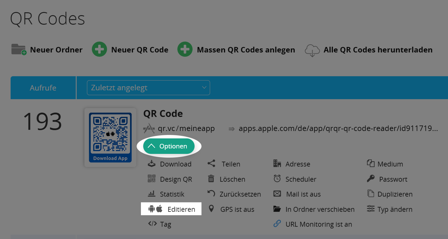 Screenshot der Schaltflächen "Optionen" und "Bearbeiten" eines QR Codes 