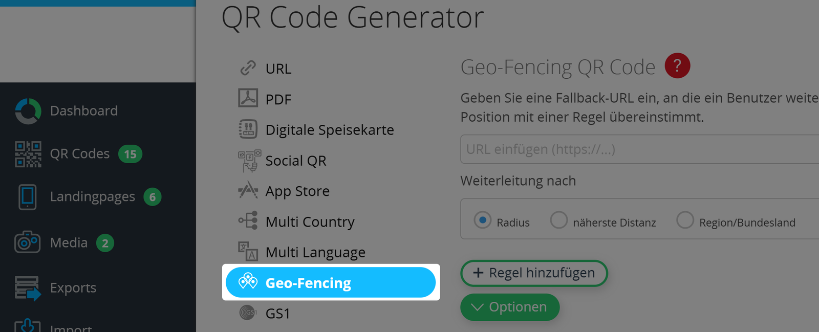 Button "Geo-Fencing" in QR Code Generator