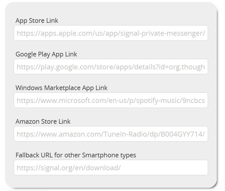 Links para App store, Google Play, Windows market place, amazon store e fallback url