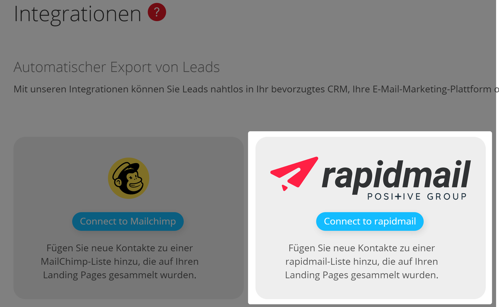 Screenshot: Integrationsübersicht mit hervorgehobener Integration "Connect to Rapidmail"