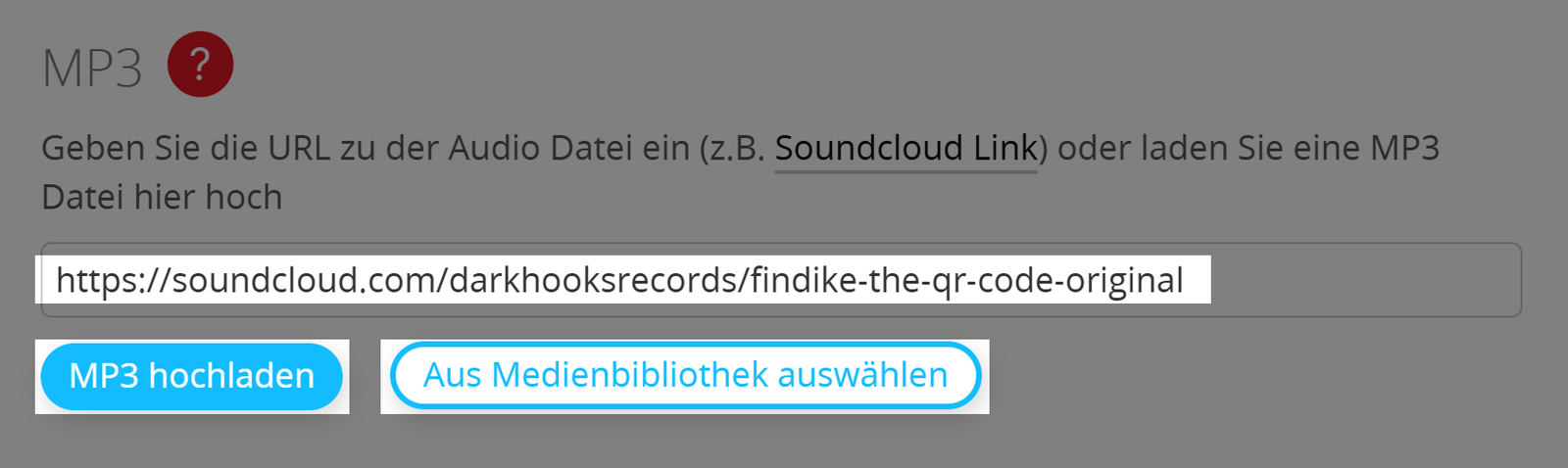 Screenshot der Zielauswahl bei der Erstellung des MP3 QR Codes 