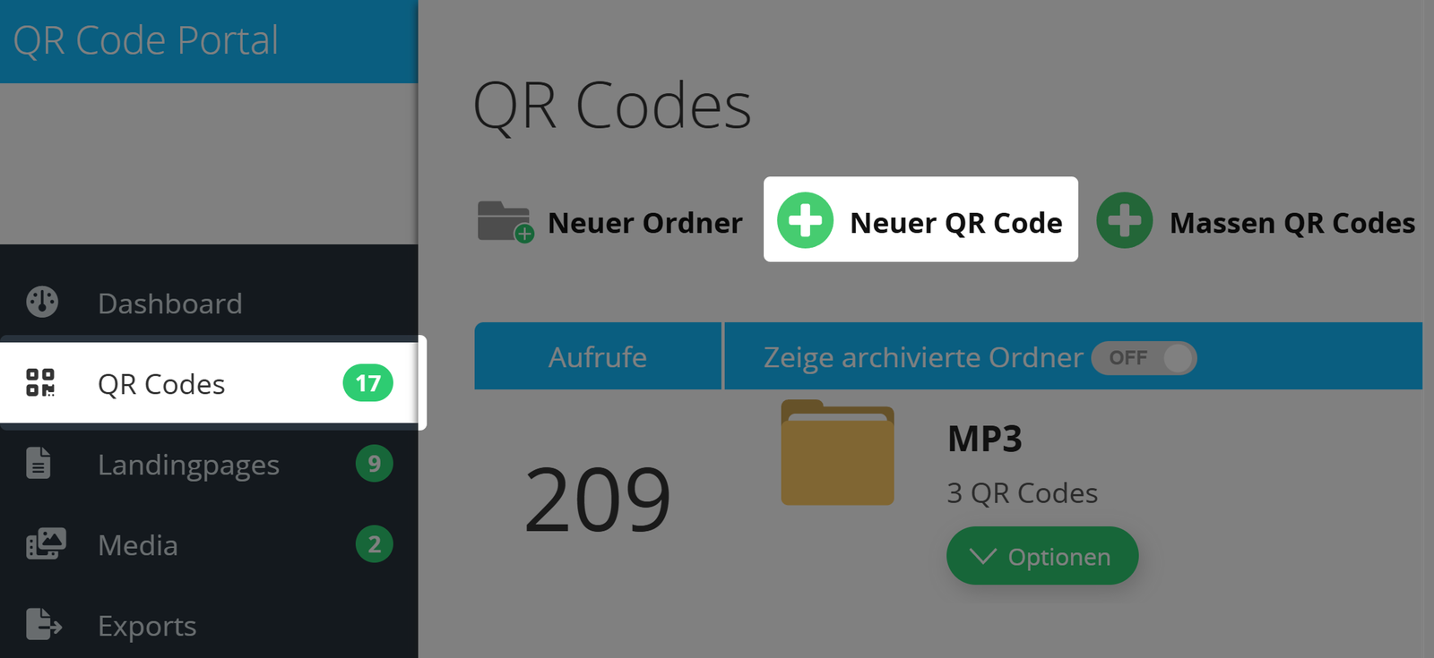 Screenshot von Schaltfläche "Neuer QR Code" in Listenansicht 
