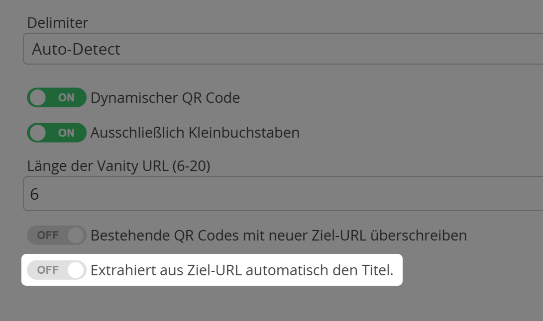 Screenshot der Option "Extrahiert aus Ziel-URL automatisch den Titel" beim Importieren von QR Codes 