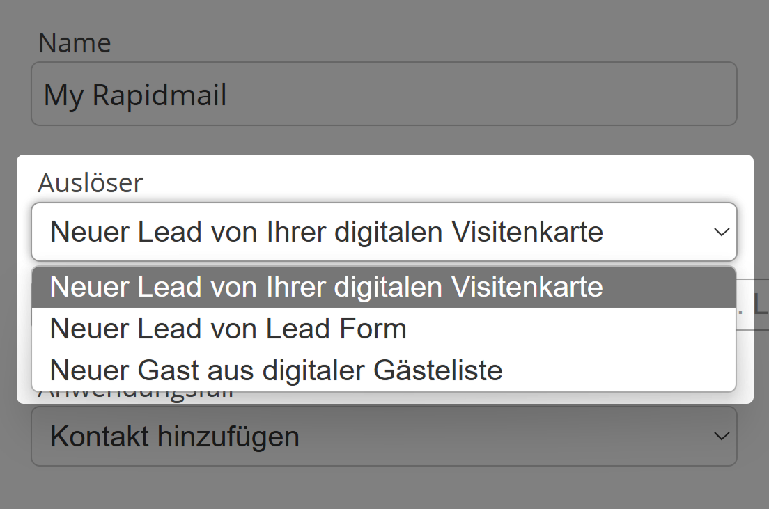 Bildschirmfoto: Integrationsformular für Rapidmail mit Auslöser-Ereignisliste
