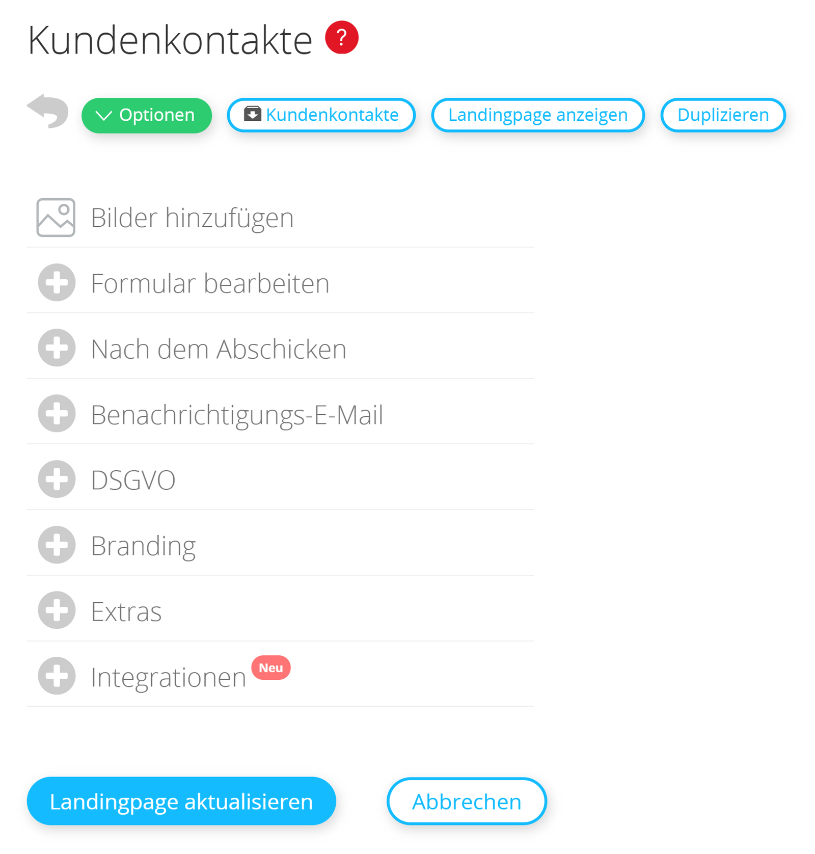 Übersicht über den Lead Landing Page Editor.