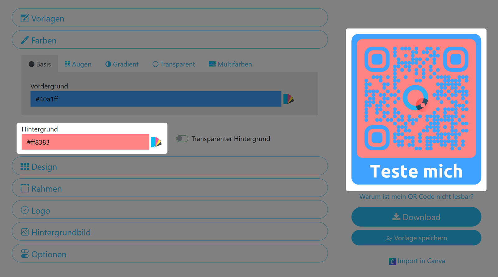 Screenshot der Option zur Einstellung der Hintergrundfarbe des QR Codes 