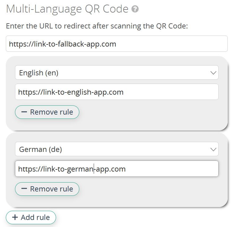 Codice QR multilingue con fallback-link e link all'app in inglese e tedesco
