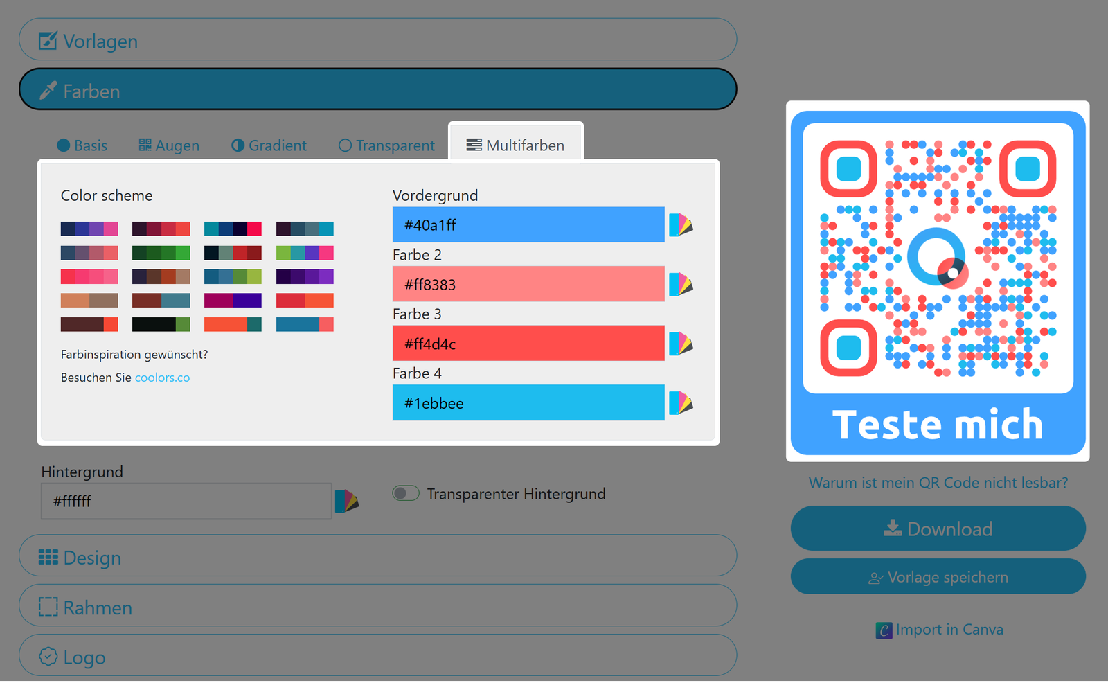 Screenshot des mehrfarbigen QR Code-Menüs 