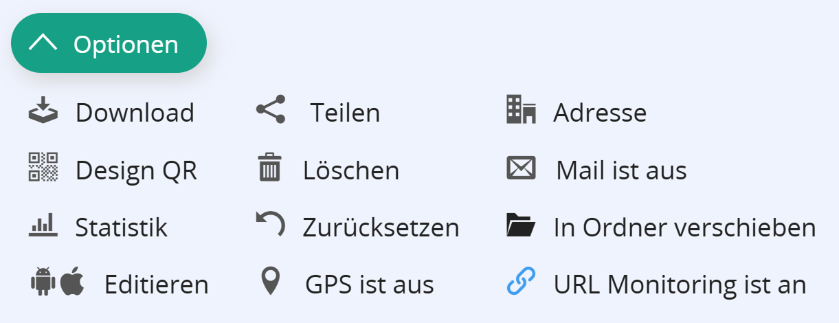 Screenshots von QR Code Optionen mit versteckter Schaltfläche "SMS" 