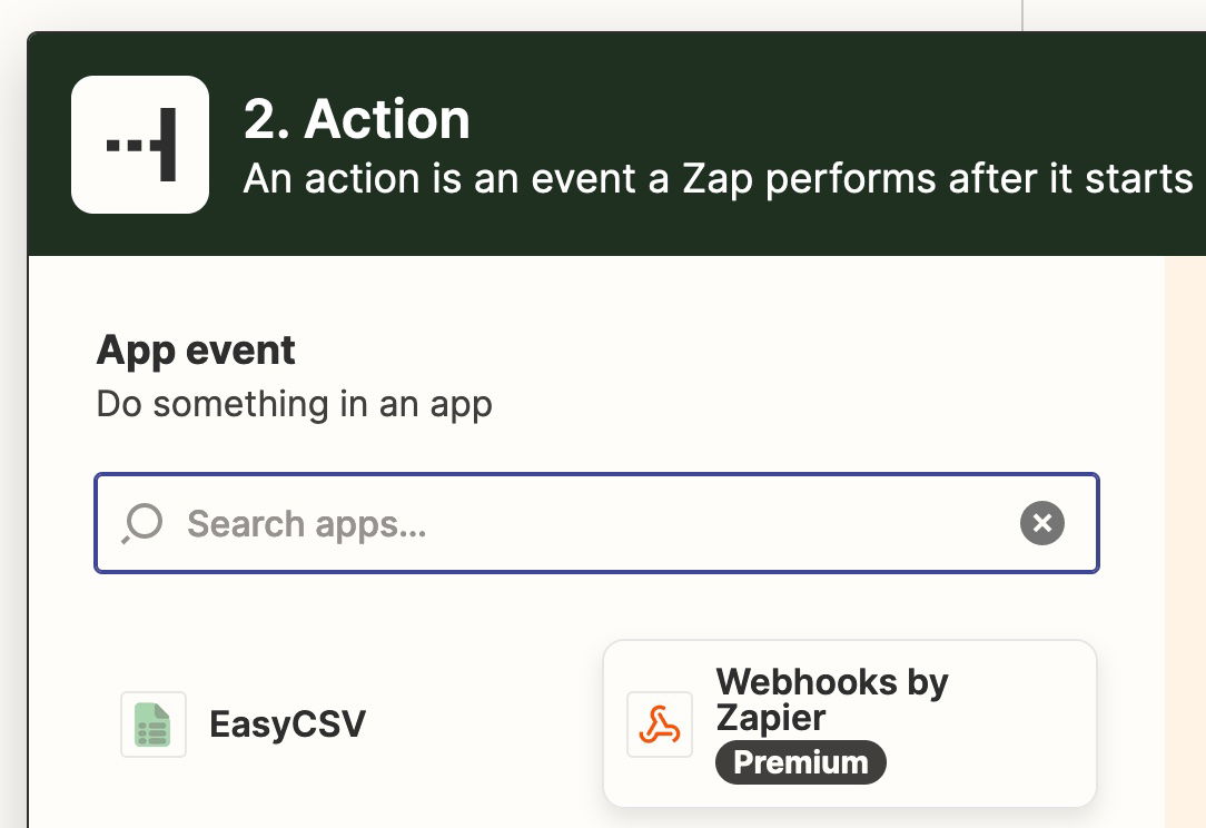 Webhooks von Zapier als Aktion auswählen