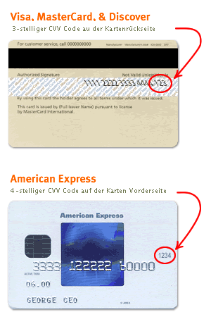 3-stelliger CVV2 Code auf Rückseite von Master oder Visa, bzw. 4-stelliger Code auf Amex Karten auf der Vorderseite