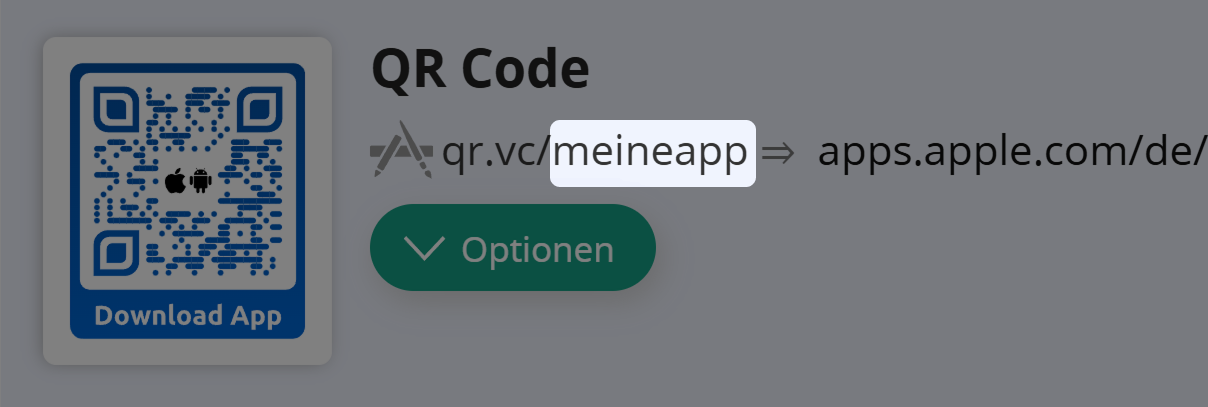 Screenshots der QR Code-Optionen und des QR Code-Generators mit ausgeblendeten oder deaktivierten Bearbeitungsfeldern für die Vanity URL 