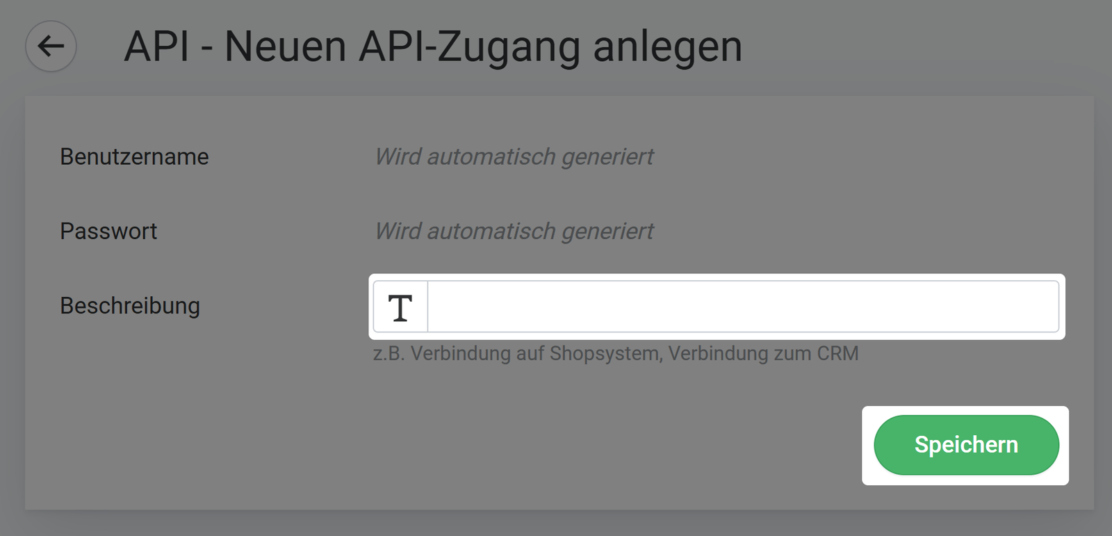 Bildschirmfoto: Hervorgehobenes Eingabefeld "Beschreibung" und Schaltfläche "Speichern"