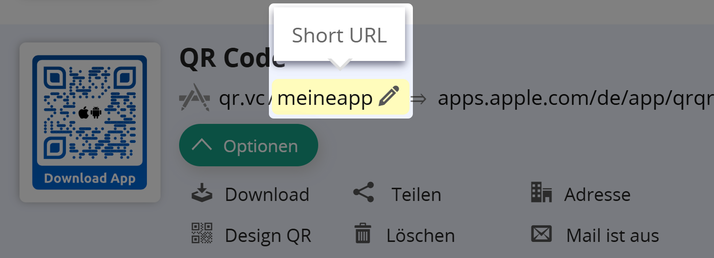 Screenshots von Vanity-URL-Bearbeitungsfeldern in den QR Code-Optionen und im QR Code-Generator 