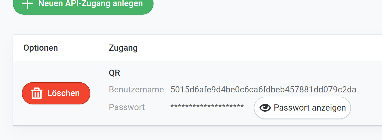 Bildschirmfoto: API-Benutzername und ausgeblendetes Passwort