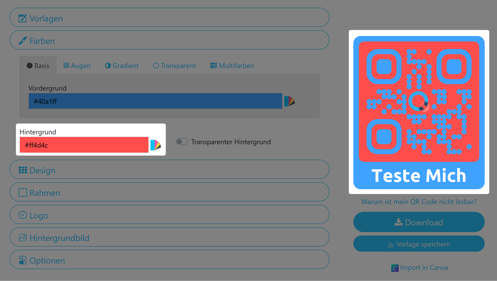 Screenshot der Option zur Einstellung der Hintergrundfarbe des QR Codes 