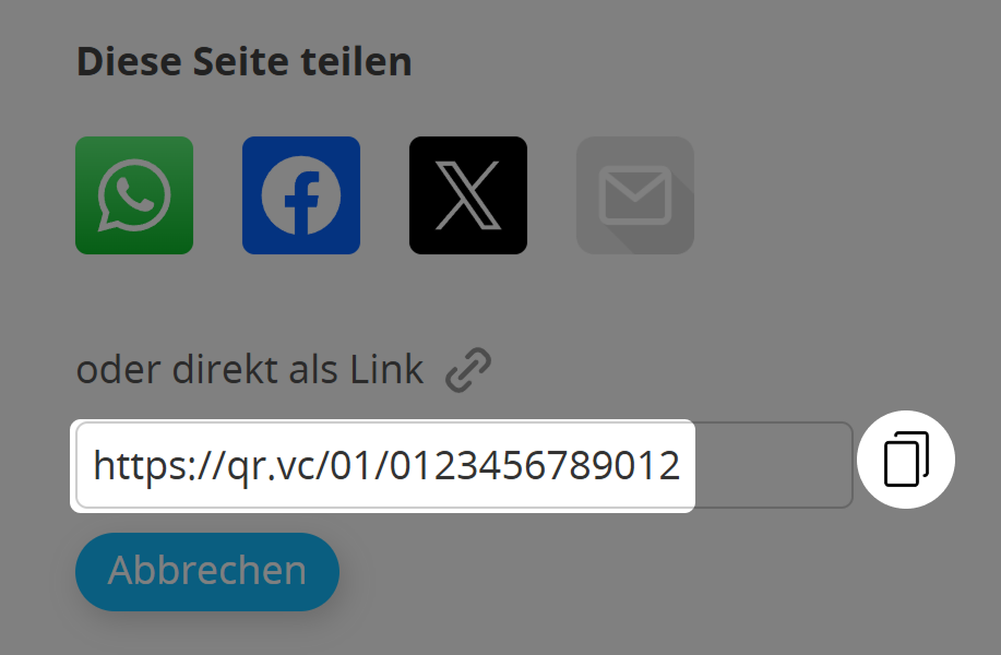 Screenshot der Kopierschaltfläche im Freigabebereich eines QR Codes.