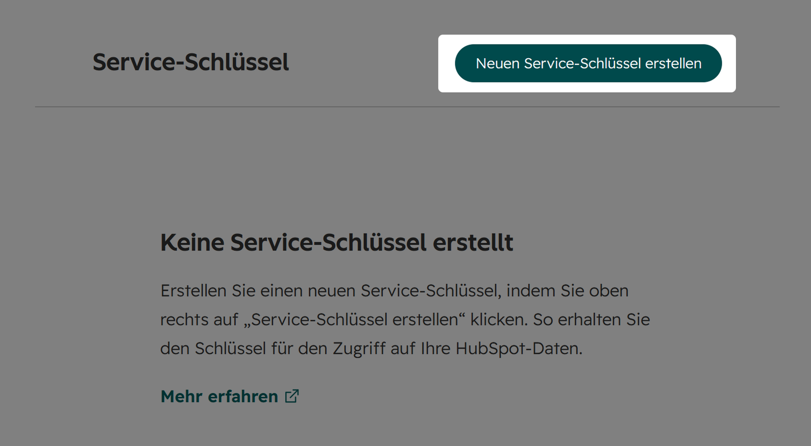 Bildschirmfoto: Hervorgehobener Neuen Service-Schlüssel erstellen-Button