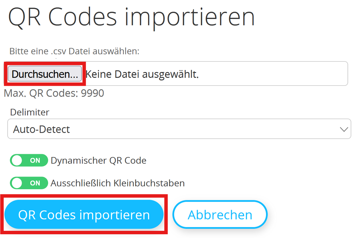 Screenshot Schaltflächen "Datei auswählen" und "QR Codes importieren" auf Seite "QR Codes importieren" 