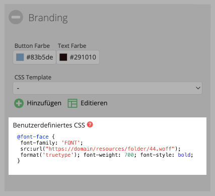 Fügen Sie den Link zur Schriftart in den Branding Bereich ein 