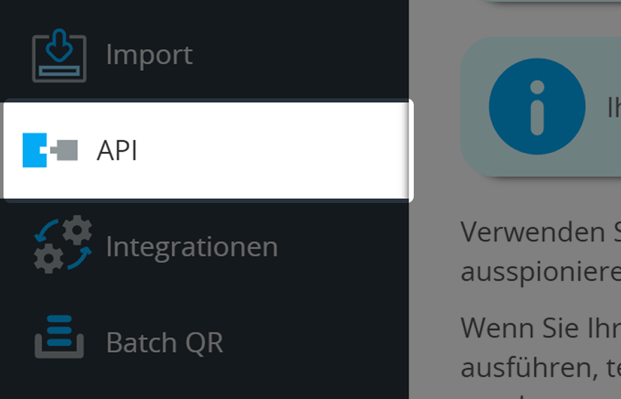 Screenshot der Schaltfläche "API" im Hauptnavigationsmenü 