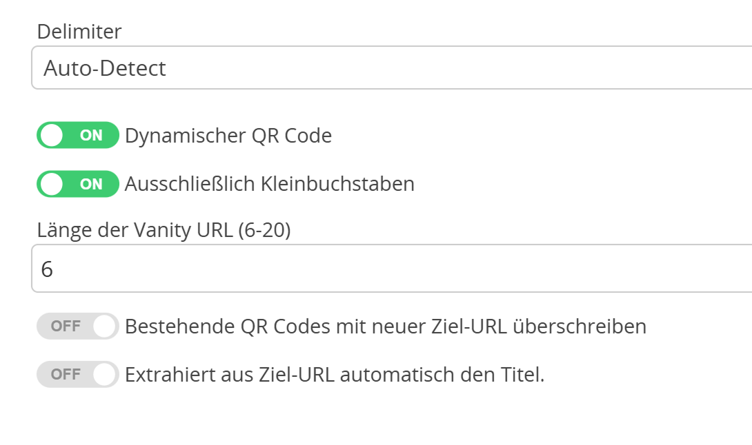 Screenshot der Importoptionen für QR Codes 