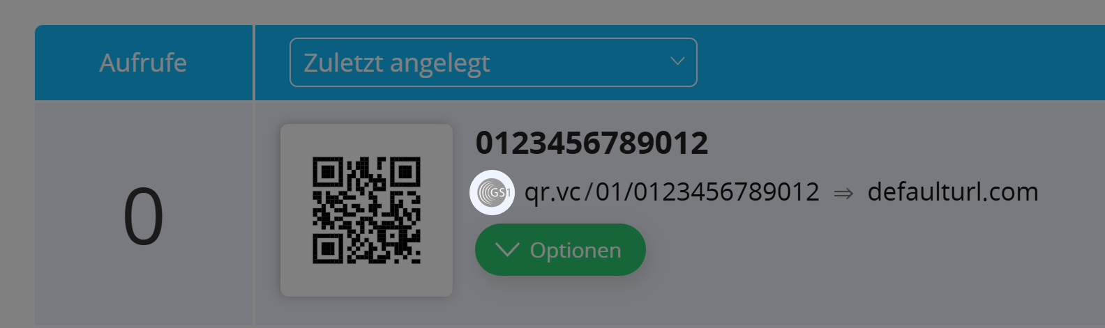 Screenshot eines GS1 QR Codes für GTIN/EAN 0807174498950 und hervorgehobenem "Teilen"-Button.
