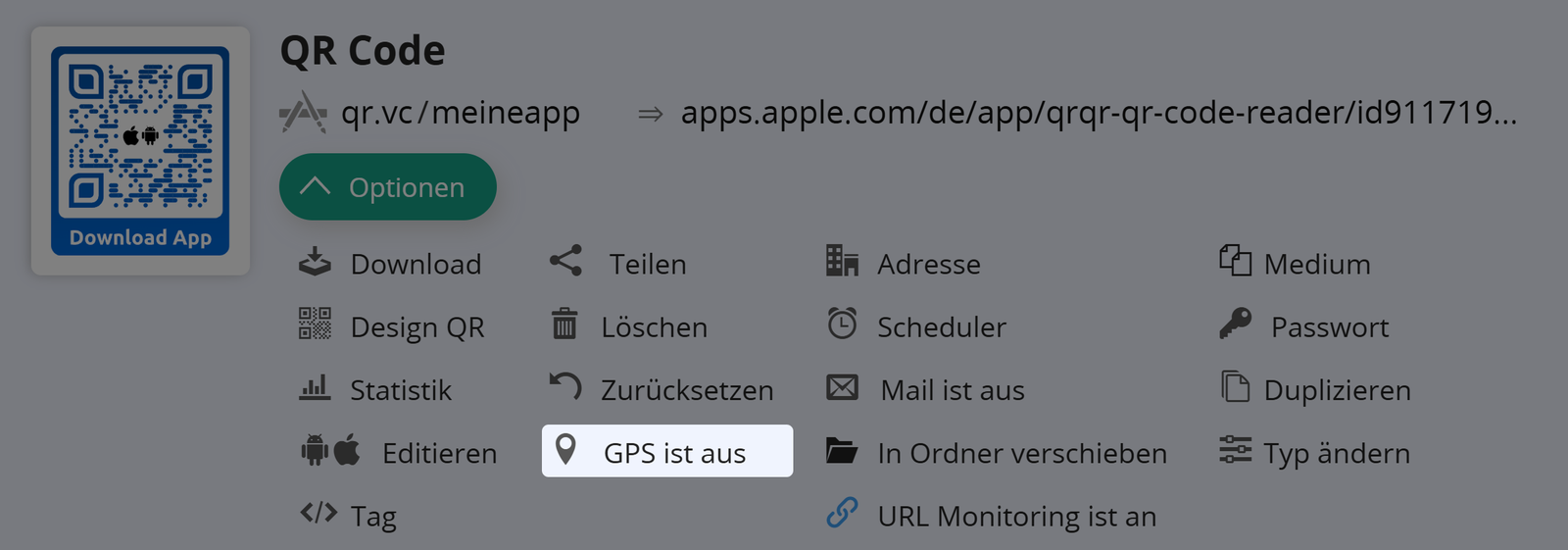 Screenshot der Schaltfläche "GPS" auf der Registerkarte "Optionen" eines QR Codes 