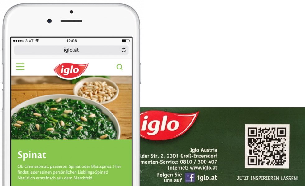 Codice QR sulla confezione Iglo per accedere al sito web del prodotto su smartphone