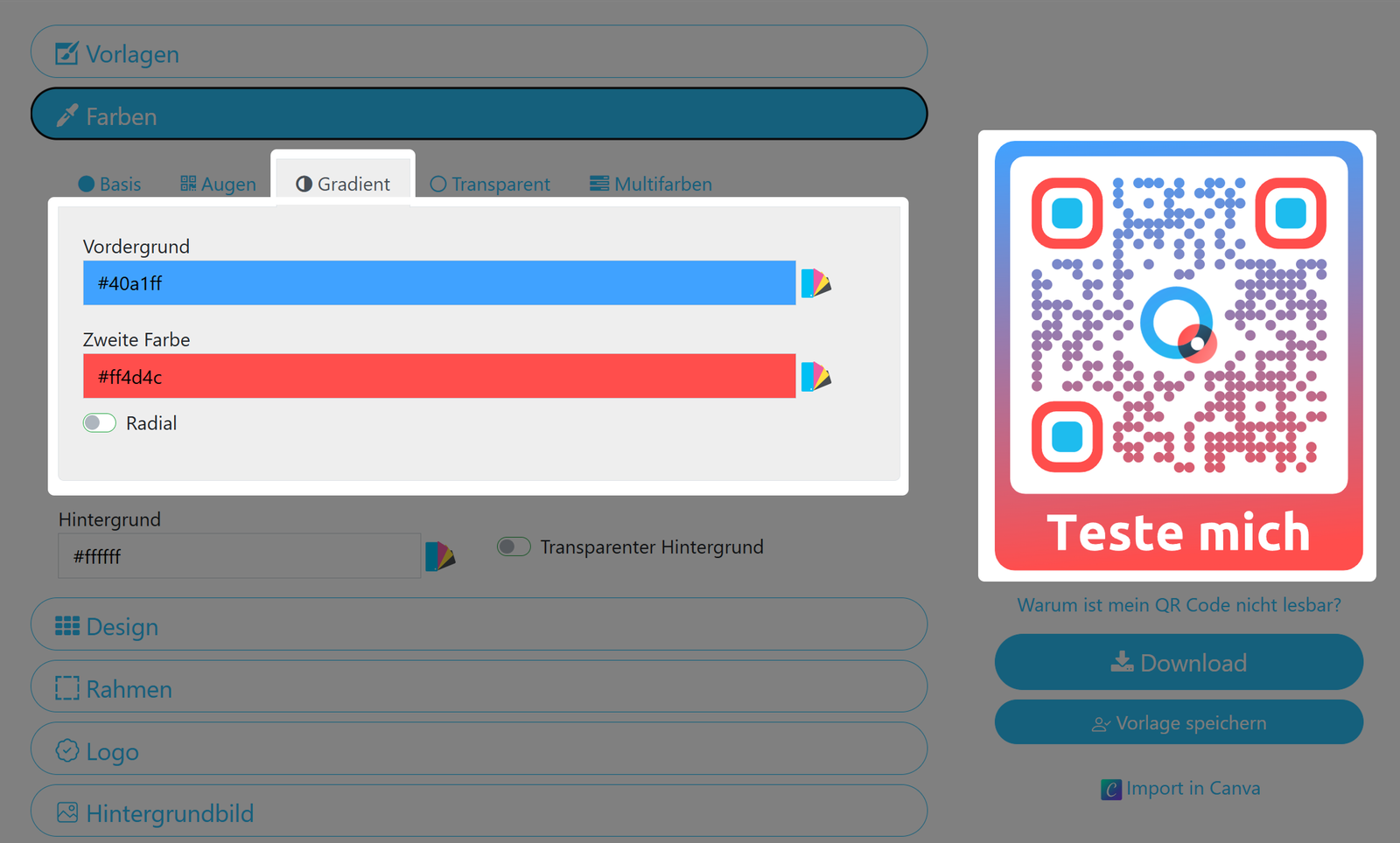 Screenshot des Menüs mit Farbverläufen für QR Codes 