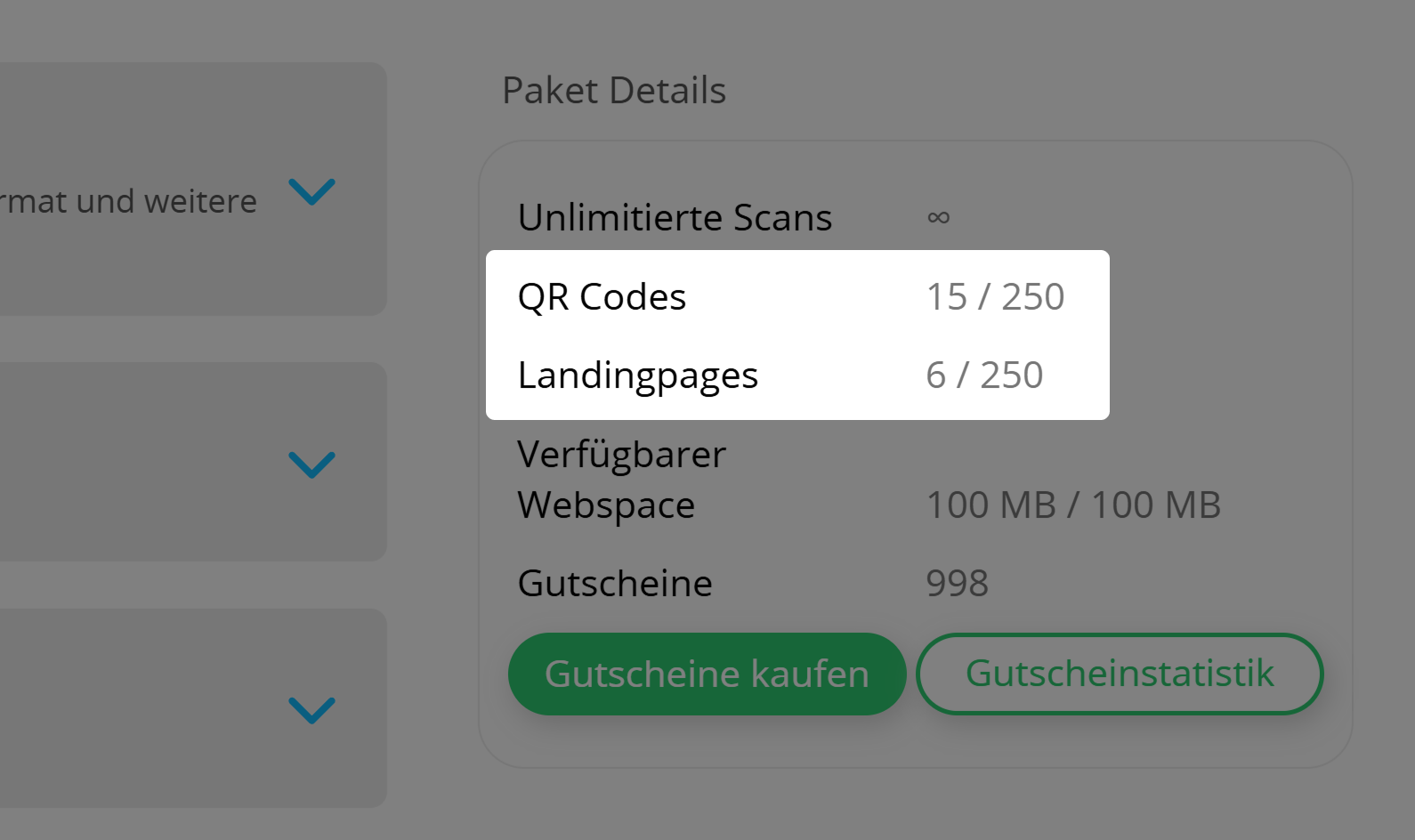 Screenshot der QR Code- und Landing Page-Quote im Benutzermenü 